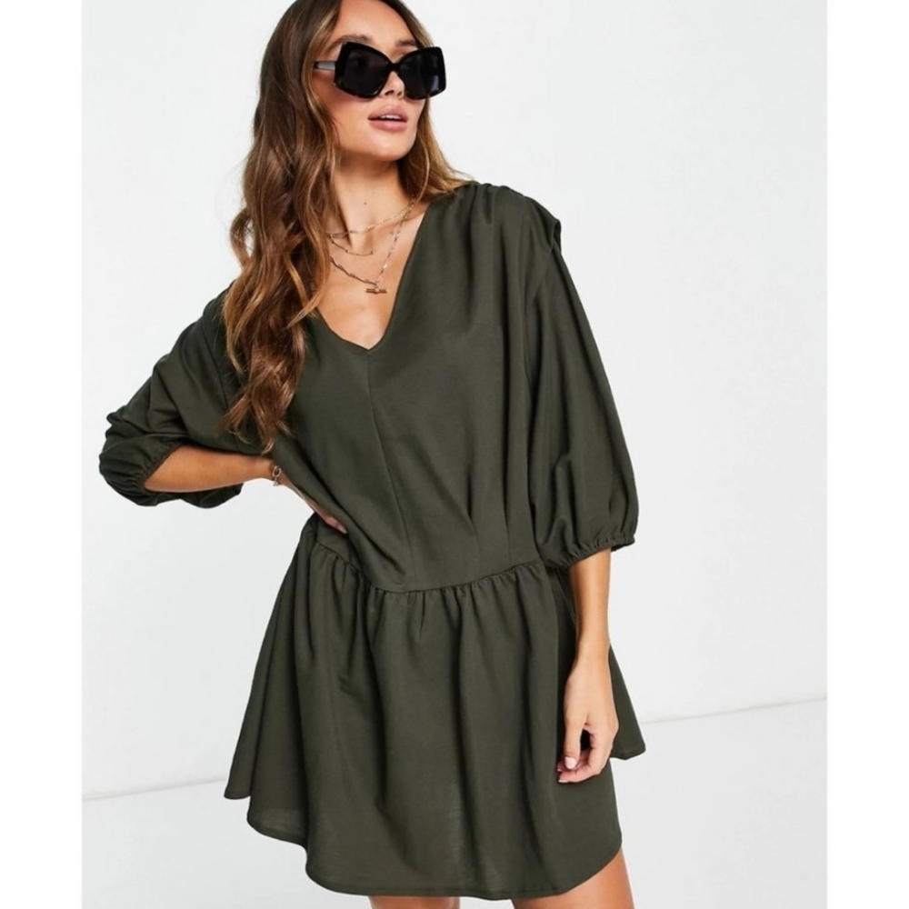 Mango V-neck Mini Smock Dress Green Size 8
